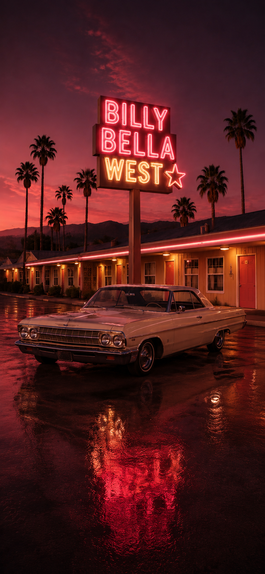 Billy Bella West neon motel sign at dusk with classic car and palm trees